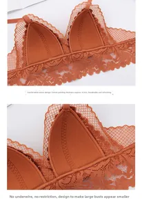 Detail of 0.2cm ultra-thin orange lace bra with breathable wire-free design