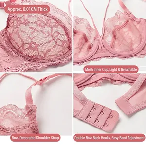 Pink sheer lace bra with ultra-thin mesh cups and elegant bow details for women