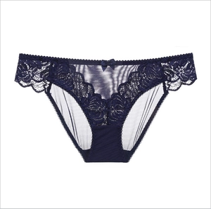 Detail of navy blue lace panties showing floral embroidery and mesh texture