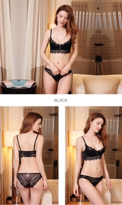Dreiteilige Ansicht eines schwarzen Wimpernspitzen-Lingerie-Sets mit Longline-BH und Slip