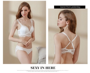 Sexy white lace embroidery bra set with padded cups and cross-back detail