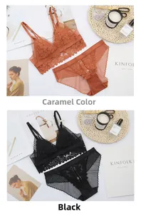 Detailed flat lay of caramel and black lace wireless bras and matching panty sets