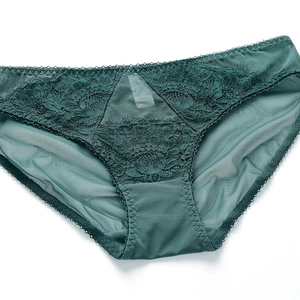 Détail de la dentelle florale vert foncé et du tissu en maille transparente sur le slip