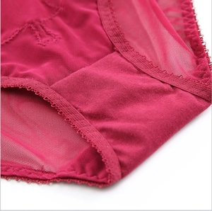 Detail of red lace panties showing breathable mesh fabric and cotton crotch lining