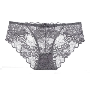 Graue transparente Spitzenunterwäsche mit Blumenstickerei und Schleifendetail am Bund