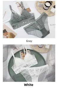 Detailed flat lay of lace triangle bralette set with matching panties in grey and white
