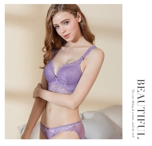 Elegant purple lace lingerie set with floral patterns and scalloped shoulder straps