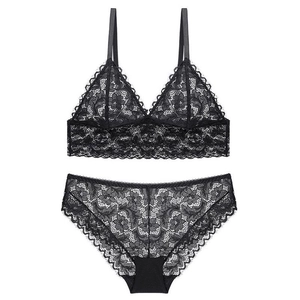 Französisches sexy schwarzes Spitzenunterwäsche-Set mit kabellosem Triangel-BH und Slip
