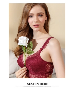 Close-up of wine red lace embroidery and eyelash trim detail on a wire-free push-up bra
