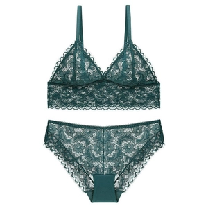 Dunkelgrünes Spitzen-Dessous-Set mit kabellosem Triangel-BH und passendem Slip