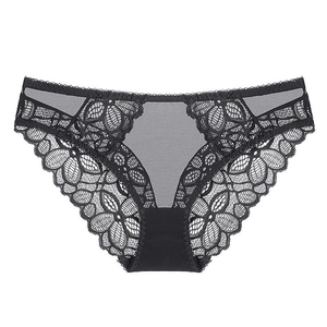 Sexy schwarze Spitzenunterwäsche mit transparentem Blumennetz und Baumwollzwickel