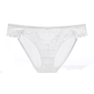 Elegant white floral lace low-rise briefs for women featuring breathable mesh fabric