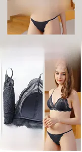 Detailed view of dark grey lace lingerie set featuring wire-free triangle cups and strappy panties