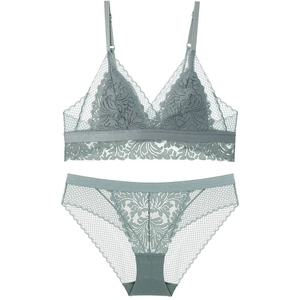French Style Ultra-Thin Lace Lingerie Top And Bottom Set No Underwire Triangle Cup Sexy Back Bra And Panty For Women Comfortable Breathable