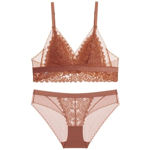 French lace triangle cup wireless bra and panty set in elegant rust red color