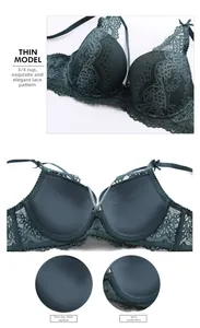 Détails d'un soutien-gorge en dentelle vert foncé avec bonnets 3/4 et armatures