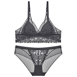 French style thin wireless lace lingerie set with black triangle cups and mesh details