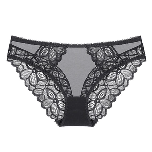Elegante slip in pizzo floreale nero per donna con inserti in mesh trasparente e cotone