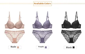 Lace bra and panty set in beige, purple, and black with floral embroidery details