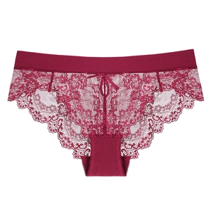 Wine red lace low-rise panties with delicate floral embroidery and ribbon bow detail