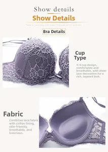 Detail view of light purple lace bra showing 3/4 cup design and floral texture