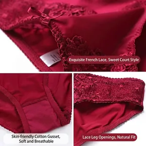 Lace briefs with bow decor and floral embroidery in deep red silk-like fabric
