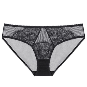 Culotte sexy en dentelle noire semi-transparente pour femme avec motifs floraux