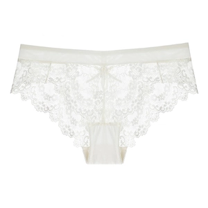 White floral lace low-rise panties with satin waistband and delicate center bow detail