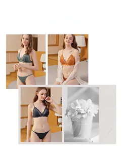 Detailed view of delicate floral lace bras and matching thongs in various colors