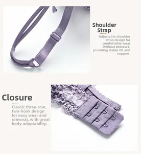 Detail of adjustable satin straps and three-row hook closure on purple lace lingerie