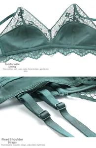 Detail of dark green lace bralette showing thin soft cups and adjustable shoulder straps
