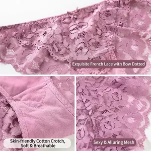 Culotte sexy en dentelle taille basse pour femme avec nœud et entrejambe en coton doux