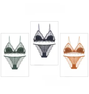 Lace bra set detail showing green, dark blue, and caramel sheer triangle cups