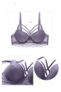 Détails du soutien-gorge en dentelle violette avec lanières croisées et bord ondulé