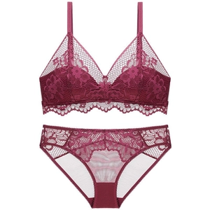 French wine red lace triangle cup wireless lingerie set with sheer floral mesh