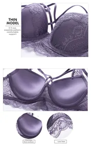 Détail du soutien-gorge en dentelle violette avec bonnets 3/4 push-up et broderie