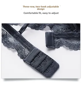 Detail of dark blue lace bra featuring a three-row adjustable metal back hook closure