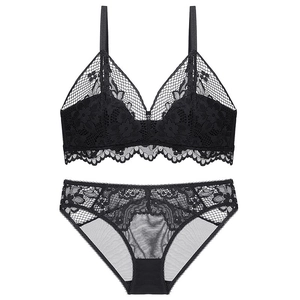 Elegant black lace lingerie set with wireless triangle bra and matching sheer mesh panties