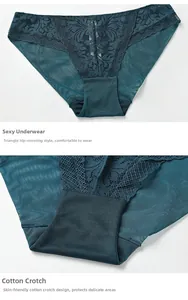 Detail view of teal lace panties featuring a breathable cotton crotch for daily comfort