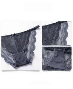 Detailed macro view of dark grey lace panties with a soft and healthy cotton inner lining
