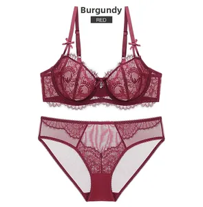 Detailed flat lay of burgundy lace lingerie set with underwire bra and matching panties
