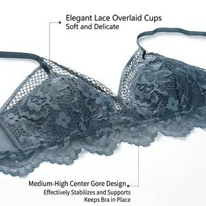 Navy blue floral lace bralette for women featuring an elegant scalloped edge design