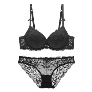 Elegant black floral lace lingerie set with push-up underwire bra and matching panties