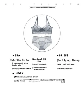 Détail d'ensemble de lingerie en dentelle grise avec bonnets ultra-fins et culotte haute
