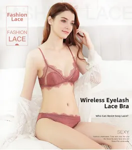 Detail of dusty pink eyelash lace lingerie set with wireless triangle cup design