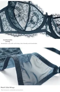 Detail of dark peacock green lace bra showing floral embroidery and breathable mesh wings