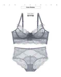 Détails d'un ensemble de lingerie en dentelle grise avec bonnets transparents et motifs