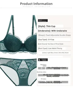 Detail of dark green eyelash lace 3/4 cup bra with underwire and matching briefs set