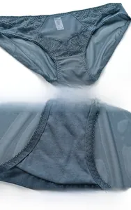 Close-up of sexy lace trim and breathable mesh details on low-rise brief underwear