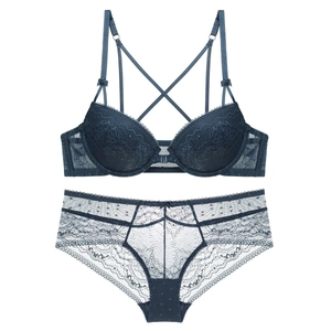 French style dark blue lace lingerie set with front closure and cross strap back